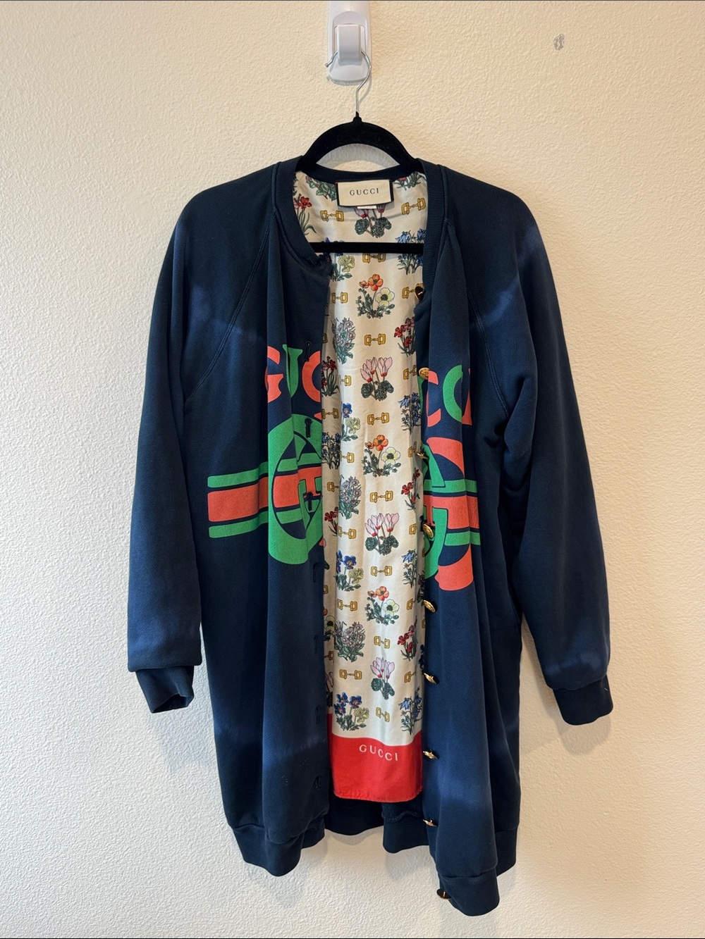 Gucci Navy Bomber Jacket with Green and Red Logo Stripes